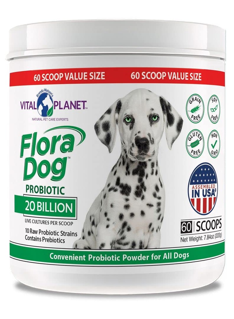 Vital Planet - Flora Dog Probiotic Powder Supplement met 20 miljard Culturen en 10 Strains, High Potency Immune en Digestieve Ondersteuning Probiotica voor honden, 7,84 oz., 222 Gram, 60 Servings