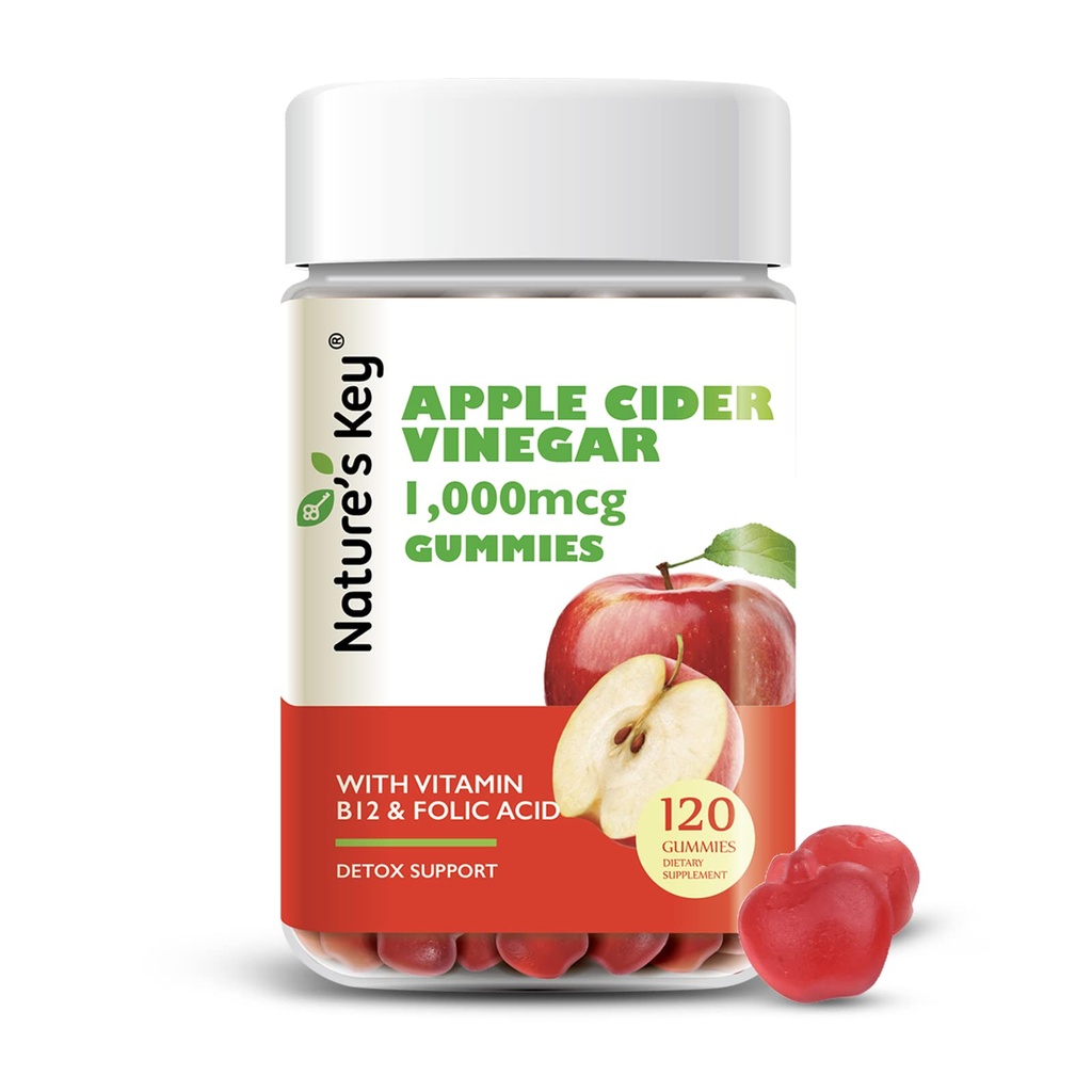 Gommies de vinaigre de cidre de pomme clés de la nature 120 Compte Gommy de vinaigre de cidre de pomme avec vitamine folique B6 B12 Beetroot & grenade - végétalien, non-OGM et sans gluten
