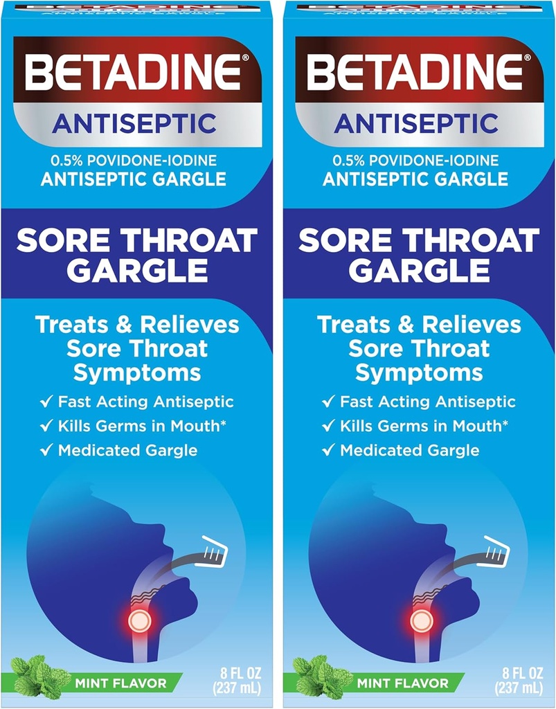 Betadine Sore Throat Relief Gargle, Mint Flavor, Fast Acting Antiseptisch, Povidon-jodium 0,5%, 8 oz (pakket van 2)