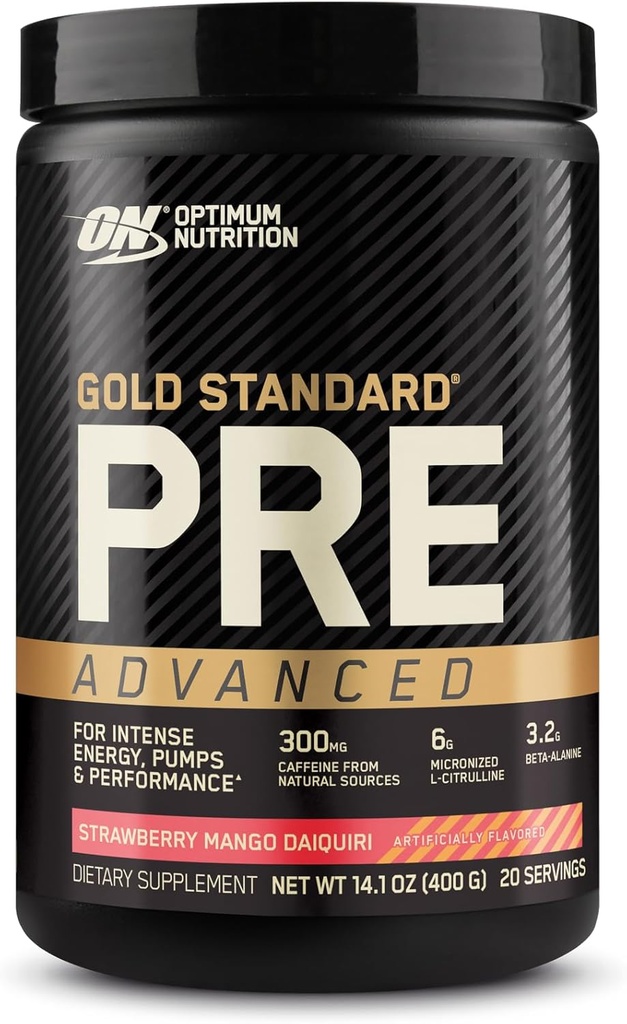 Optimale voeding Gold standaard pre-workout Geavanceerd, met Creatine, Beta-Alanine, Micronized L-Citrulline en Cafeïne voor energie, Keto vriendelijk, Aardbei Mango Daiquiri, 20 porties