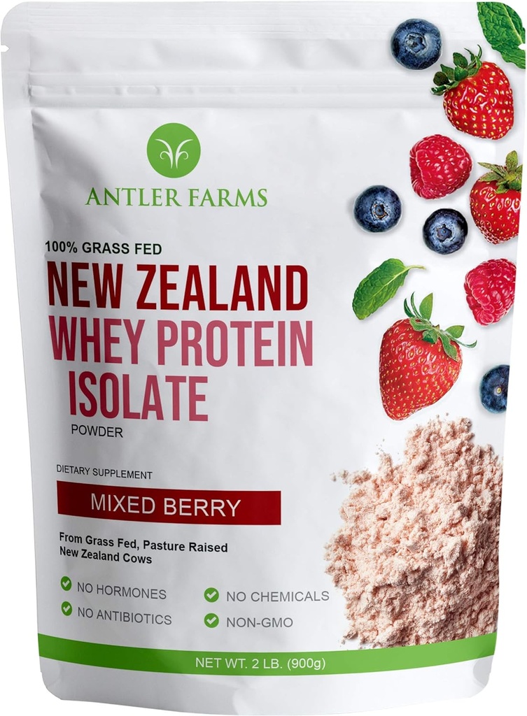 Antler Farms - 100% Grass Fed Nieuw-Zeeland Wei Protein Isolaat, Gemengde Berry Flavor, 30 Servings, 2 lbs - Heerlijk, Koud verwerkt, snel geabsorbeerd, Keto Vriendelijk, NO-Hormonen, NO-GGO's