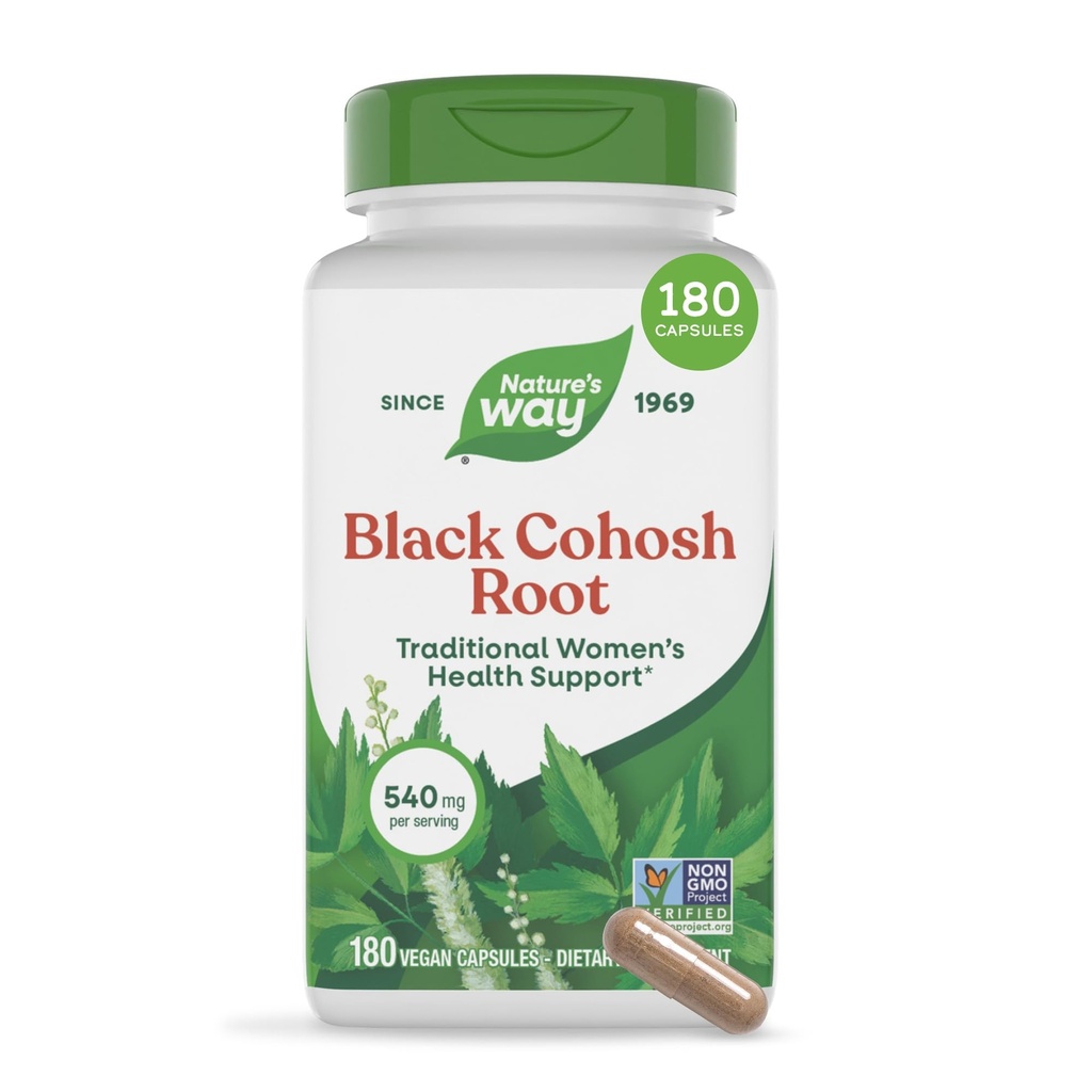 Nature's Way Black Cohosh Root, traditionele ondersteuning voor de gezondheid van vrouwen*, 540 mg per portie, niet-GMO Project geverifieerd, 180 capsules
