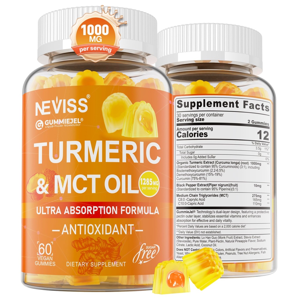 Kurkuma Gummies 1000mg w/MCT Oil C8 C10, Biologische Antioxidant, Kurkuma Curcumin Supplement met Black Pepper Extract, Ondersteuning Comfort, Boost Energy, Ultra Absorptie, Suikervrij, 60 Ct