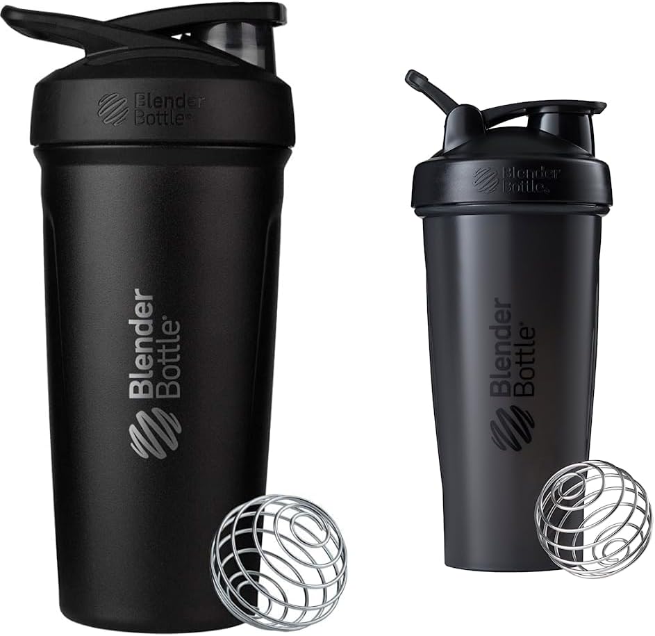 Bouteilles de mélange Strada Shaker Cup Bouteille d'eau en acier inoxydable isolante avec fouet à fil, 24-Ounce, Black & Classic Shaker Bouteille parfaite pour les shakes de protéines et préentraînement, 28-Ounce, noir