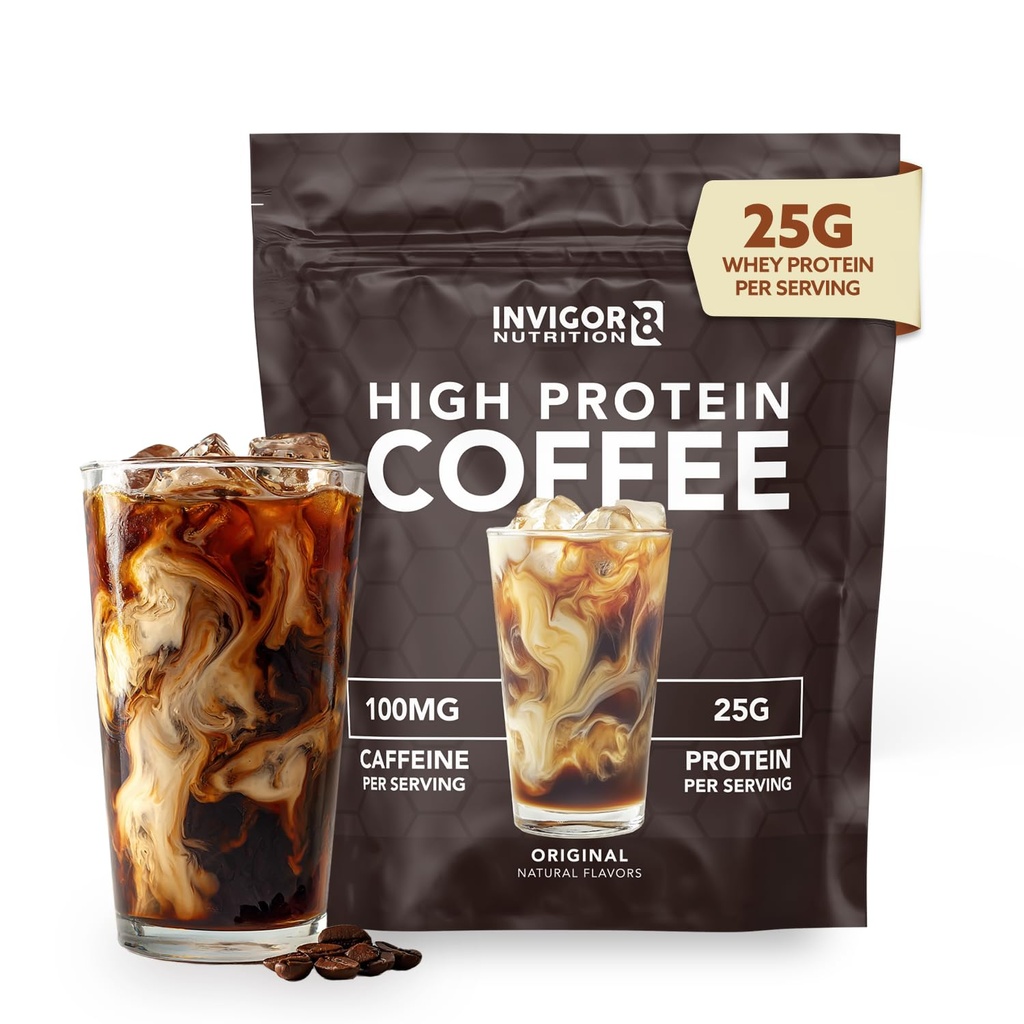 INVIGOR8 Poudre de café à haute teneur en protéines 25 Grams Whey Isolate100mg Thé vert naturel Caféine.