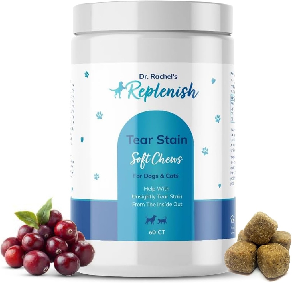 Replenish Tear Stain Kauwen voor honden en katten - Dr. Rachel's Tear Stain Verwijderaar voor honden - Hondenoog Tear Stain Verwijderaar - Tear Stain Supplement voor honden - Natuurlijke Tear Stain Zachte Kauwen - 60 Tellen