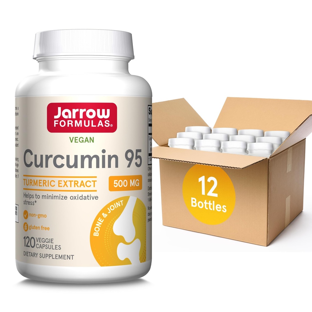 Jarrow Formules Curcumin 95 500 mg,Turmeric Curcumin Extract voor Antioxidant Support, Bot en Joint Support Dieetsupplement,120 Veggie Capsules, Tot 120 Servings, Verpakking van 12