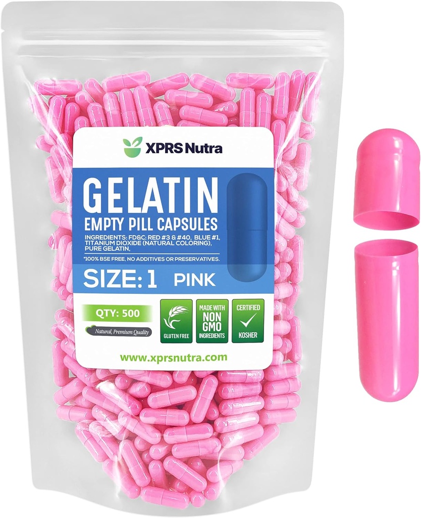 XPRS Nutra Maat 1 Lege capsules - 500 Telle Lege Gelatine Capsules - Pill DIY Capsule Filling - Pure Bovine Pill Gel Caps for Do-It-Yourself Supplements (Roze)