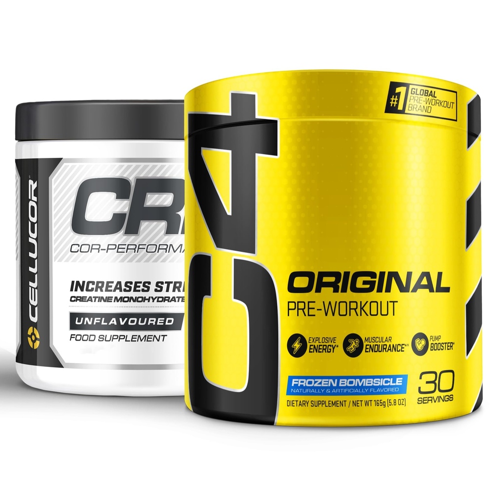 Cellucor pre workout & Creatine Bundle, C4 Originele pre workout poeder, bevroren bombal, 30 porties + Cor Performance Creatine Powder, 72 porties