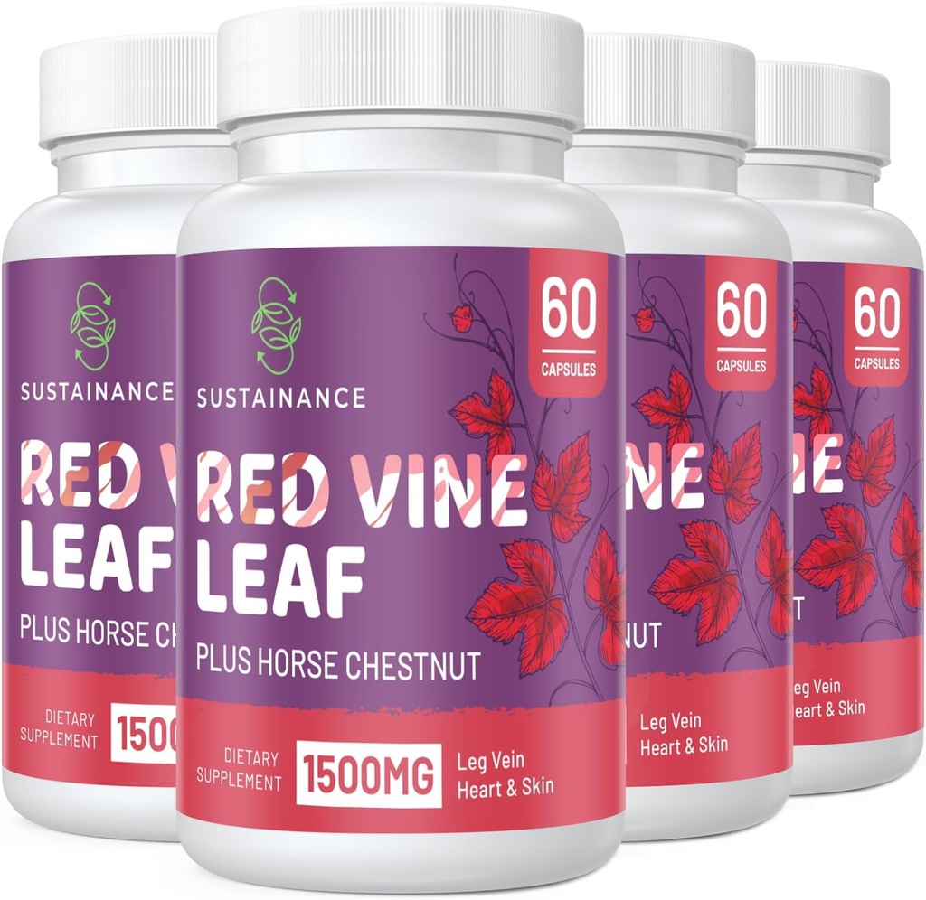 Red Vine Leaf Extract 1400mg & Horse Chestnut Extract 100mg Supplement voor been, vet, Circulatie, hart, huid (60 capsules - 4 flessen)