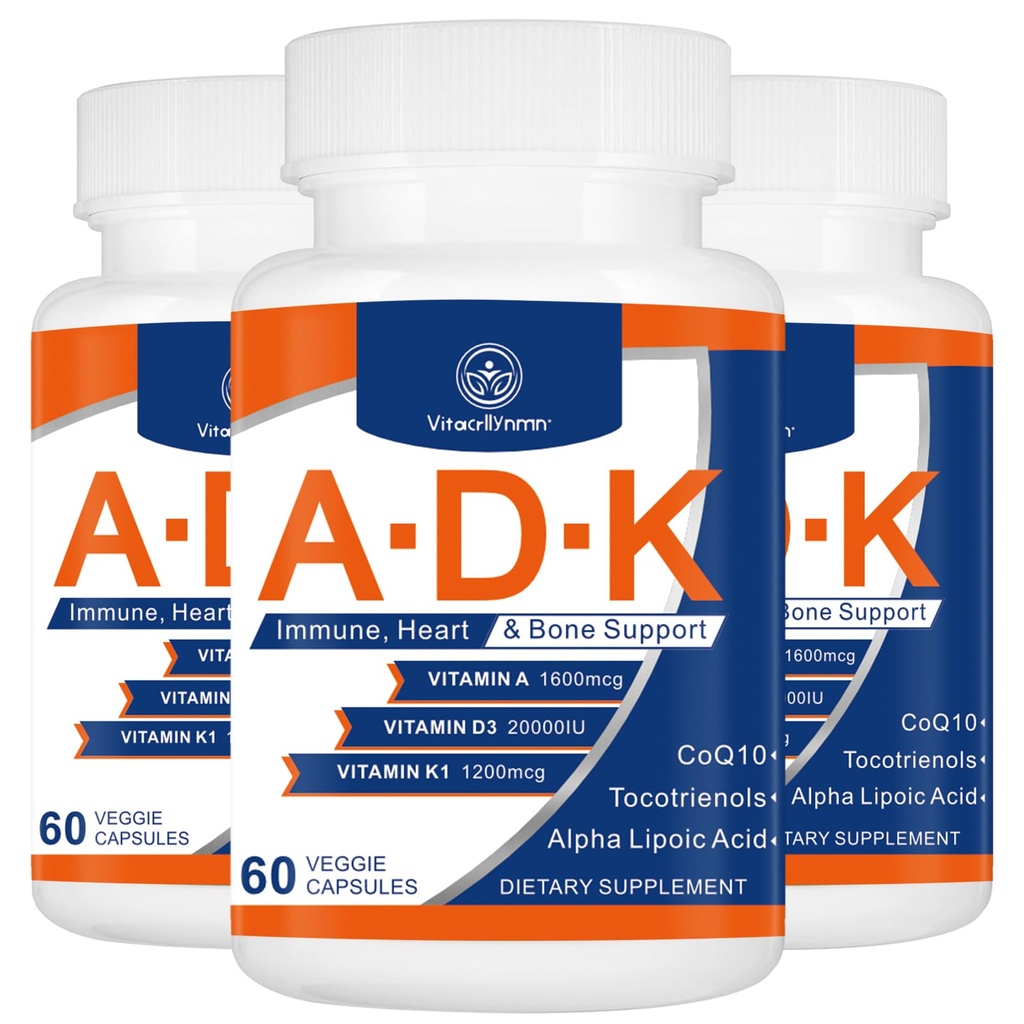 ADK Vitamine Supplement 20000 IE - Hoge sterkte Vitaminen A, D3 en K1 voor hart-, bot- en immuunondersteuning Vitamine ADK 180 Capsules