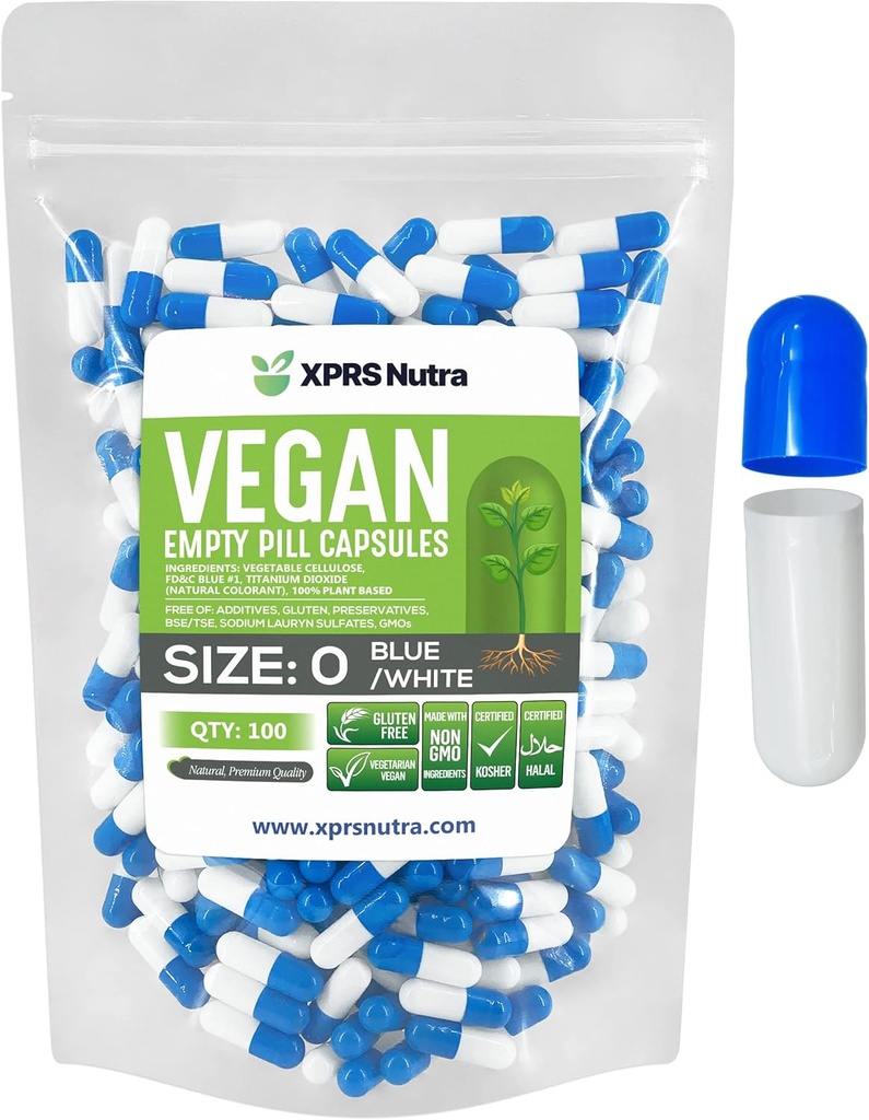XPRS Nutra Taille 0 Capsules vides - 100 Compte Capsules vides de végétalien - Pilules végétariennes - Bricolage Gélule végétale Remplissage - Bouchons de pilules pour les compléments Do-It-Youlf (Blue/White)