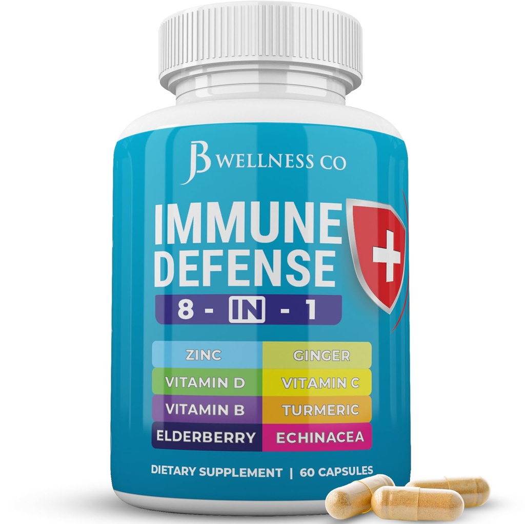 Immuun ondersteuning 8 in 1 capsules - Zinksupplement, vitamine D3, vitamine C en vlierbessen - Immuun Booster supplement met echinacea, gemberwortel, en kurkuma
