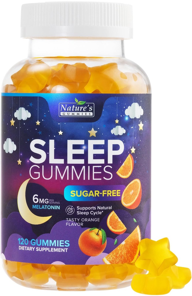 Slaap Gummies 6mg Per Serving - Suikervrij Melatonine Gummy Supplement voor volwassenen - Natural Zero Sugar Slapen Gummy voor volwassenen & Kids, Oranje smaak, Extra sterkte Slaap Ondersteuning - 120 Gummies