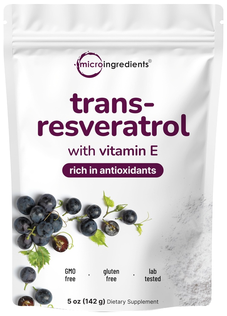 Pure Trans-Resveratrol Poeder met Vitamine E, 5 Ounce, 2 in 1 Formule, Micronized Poeder voor betere absorptie, Premium Resveratrol Supplement, Super Antioxidant