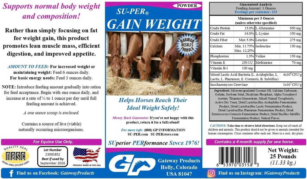 SU-PER Gain Gewicht voor paarden - Equine supplement gewicht Gainer voor paarden - bevordert spiermassa, spijsvertering en eetlust - 25 pond, 4 maanden levering