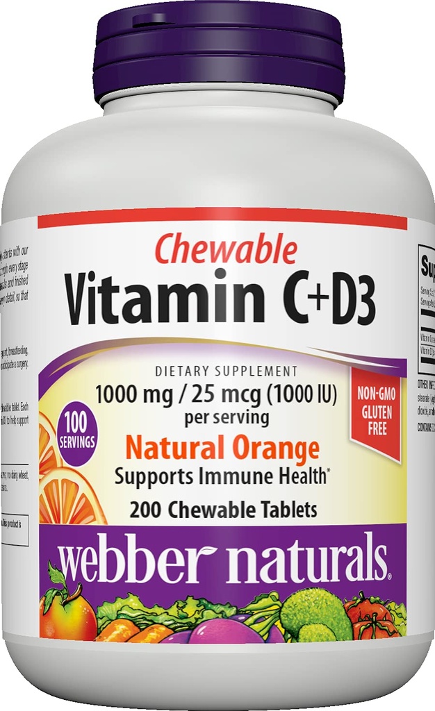 Webber Naturals Vitamine C+D3, 200 Kauwbare Oranje Tablets, 1000 mg vitamine C met 1000 IE vitamine D3 per portie, Bones, Tanden, Immuun en Antioxidant Ondersteuning, Niet GGO, Zuivel & Glutenvrij