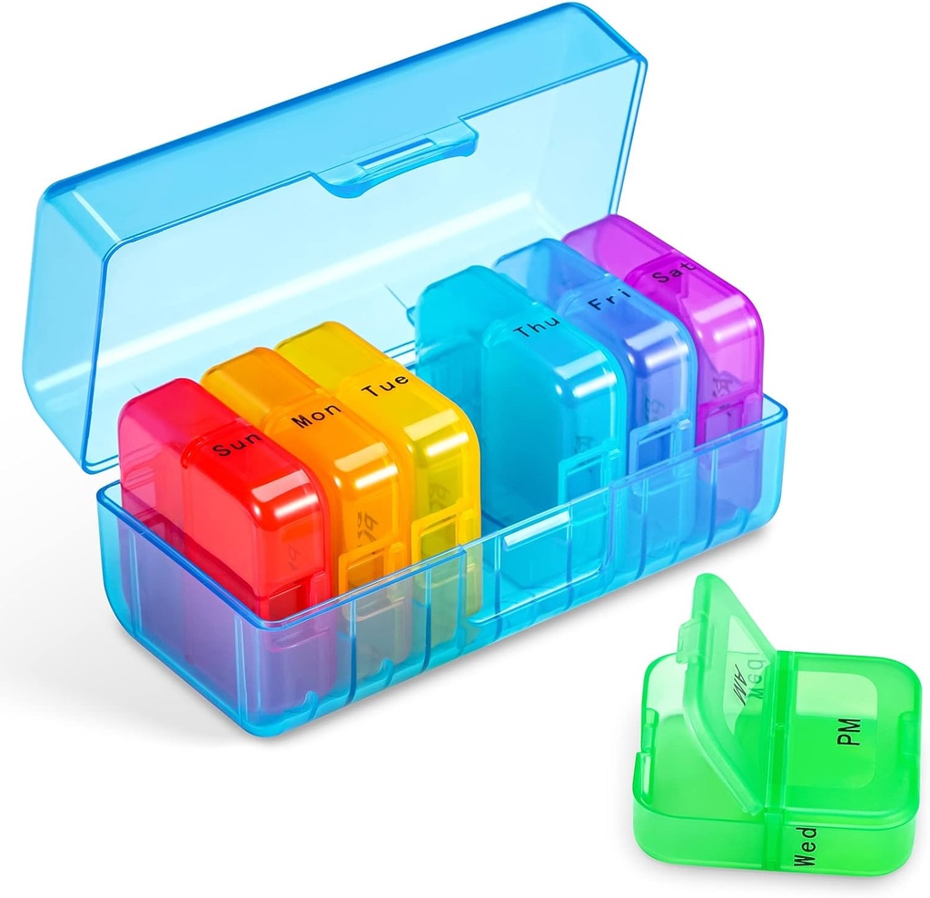 Zoksi Weekly Pill Organizer 2 keer per dag, Blue 7 Day Am Pm Pill Box, Daily Am Pm Pill Organizer 7 Day, Portable Vitamin Pill Case, Weekly Pill Box voor Visolie, Vitamine, Supplement