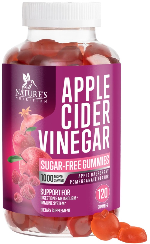 Apple Cider Vinegar Gummies 1000mg - Suikervrije ACV Gummy voor reiniging, vitamine B12 voor spijsvertering Energie & Immune Health Ondersteuning, Ondersteunt Metabolisme, Vegan, Keto, Apple Raspberry Flavor - 120 Gummies