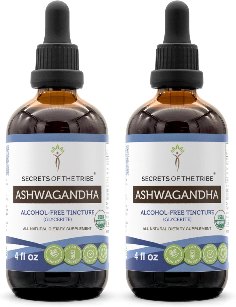 Ashwagandha Tinctuur Alcoholvrij Extract, USDA Biologische Ashwagandha Withania Somnifera Anti-Stress and Relaxation 2x4 OZ
