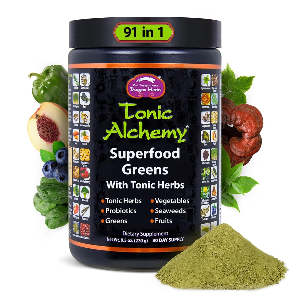 Dragon Kruiden Tonic Alchemy Superfood Greens Poeder met 91 ingrediënten: Tonic Kruiden, Ashwagandha, Paddenstoelen, Probiotica, Super Greens, Zeewier, Fruit, Groenten, Spirulina - 30 porties