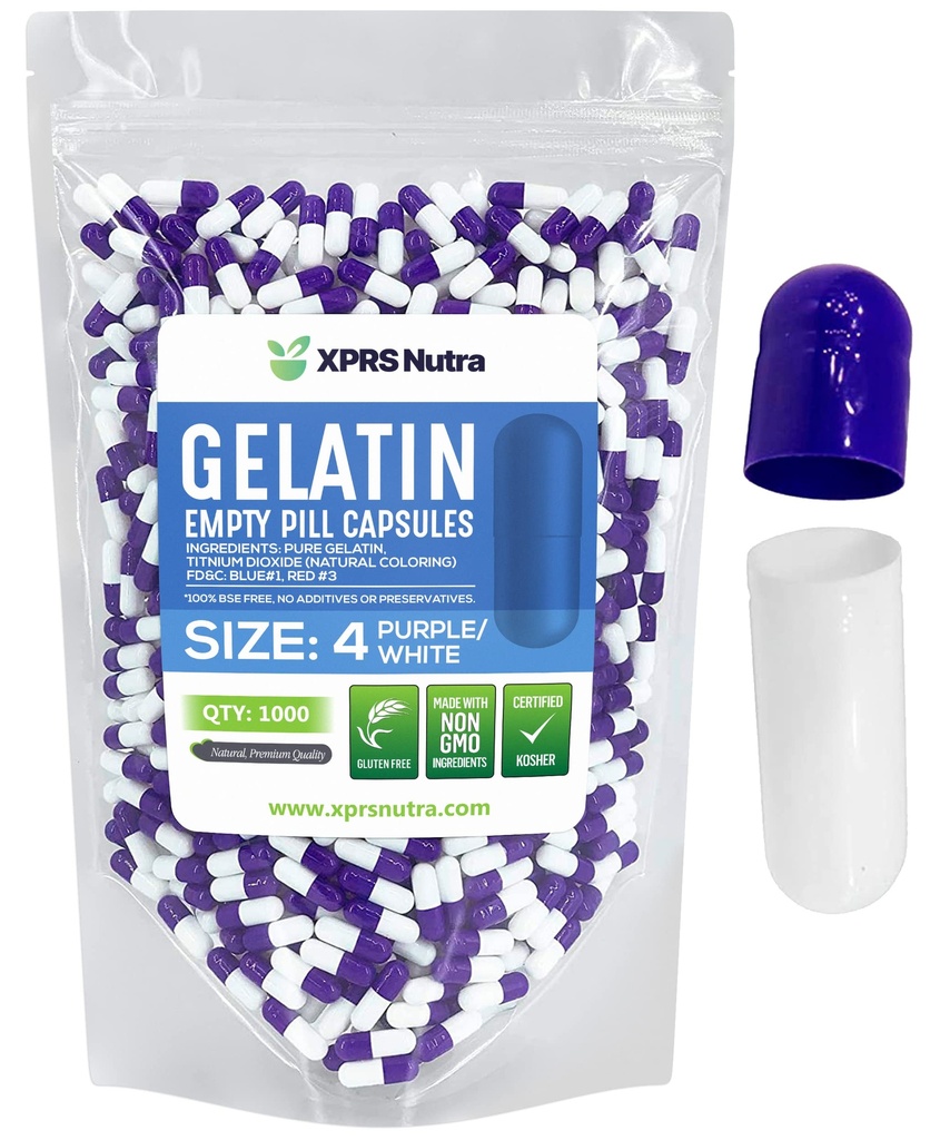 XPRS Nutra Maat 4 Lege Capsules - 100 Tel kleine lege Gelatine Capsules - Pillen DIY Capsule vullen - Vulbare Pure Bovine Pill Gel Caps voor Do-It-Yourself Supplementen (Paars/Wit)