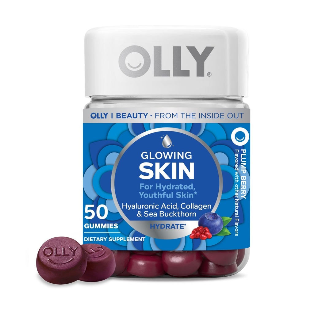 Peau OLLY Glowing Gummy, peau hydratée et jeune,* Acide hyaluronique, peptides de collagène, Buckthorn, Plump Berry Flavor, 25 jours d'approvisionnement - 50 Comte