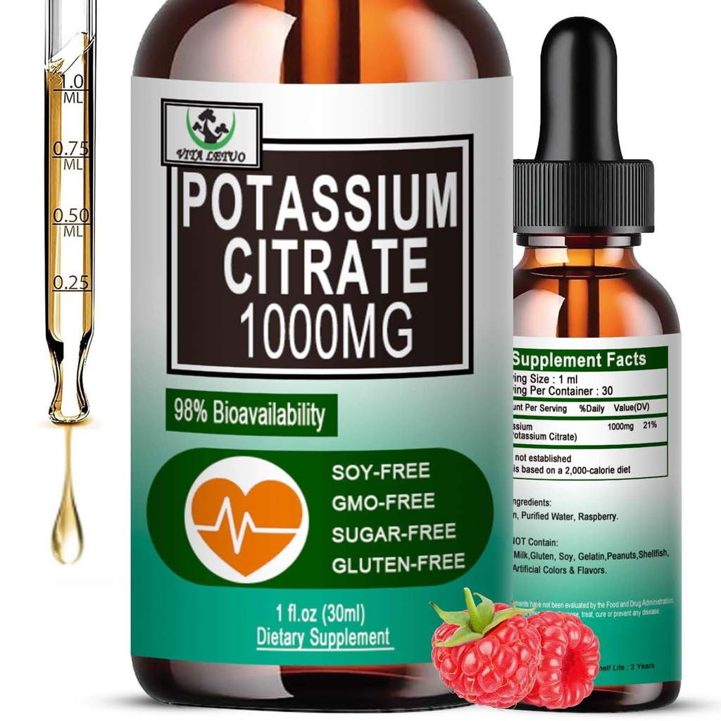 Citrate de potassium gouttes liquides, Supplément de potassium 1000mg Liquid Support Cramp Relief Muscle, Santé cardiaque et Sommeil, Haute Absorbable pour les adultes Femmes et hommes, Vegan, 30 portions
