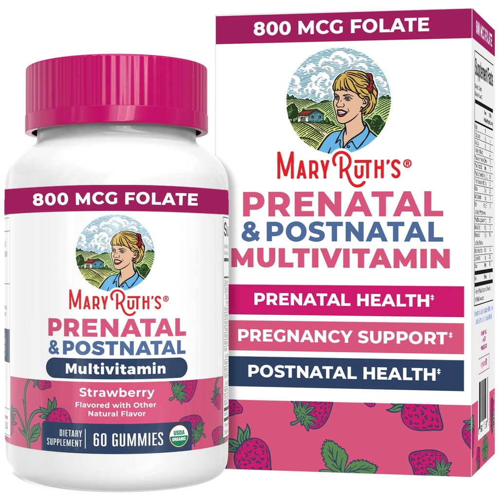 MaryRuth Organics Vitamines prénatales pour les femmes USDA Gummées prénatales organiques USDA Vitamines postnatales pour les femmes Allaitement au lait , Méthylfolate 800 mcg DFE , Iodine , Vegan , non OGM 30 portions