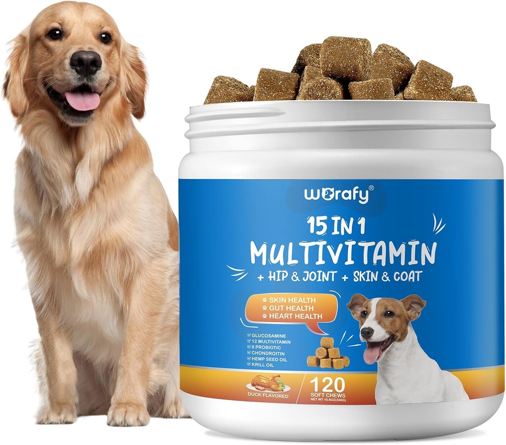 15-in-1 Honden Multivitamine Supplementen - Honden Multivitamine Chewable - Immuniteit, spijsvertering, Gezamenlijke en Hart Gezondheid Ondersteuning voor de huid, Jas Hart, Immuun Systeem - voor alle leeftijden Alle Ras (120 Tellingen)