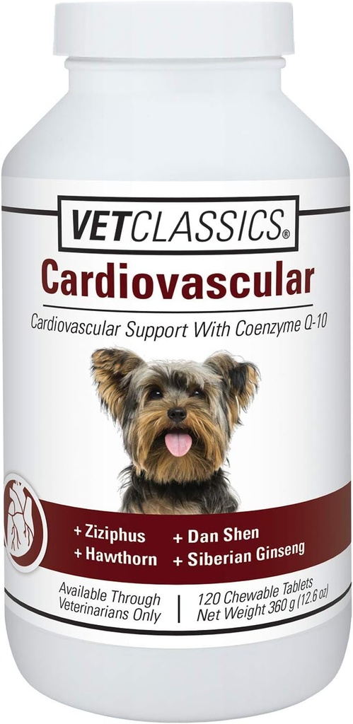 Vet Classics Cardiovasculaire ondersteuning met co-enzym Q-10 voor honden, ondersteunt Cardiovasculaire systeem met Ziziphus, Dan Shen, Hawthorn, & Siberische Ginseng, 120 kauwtabletten