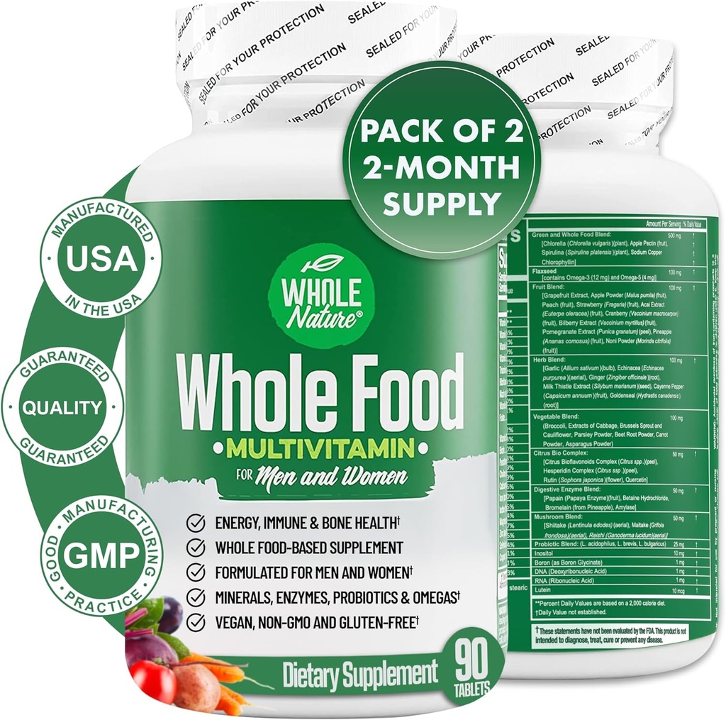 Whole Food Multivitamine voor mannen en vrouwen Complete Daily Superfood Vitamins Plus Mineralen Digestieve enzymen, Probiotica en Omega's. Multivitamine op basis van planten, niet genetisch gemodificeerd (2)
