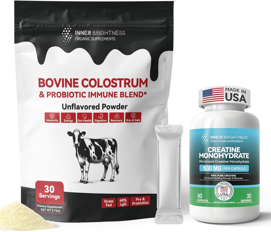 Colostrum Supplement Powder for Gut, Immune Health & Nutriënt Absorptie, 30 Serves + Creatine Monohydraat Capsules for Muscle Builder