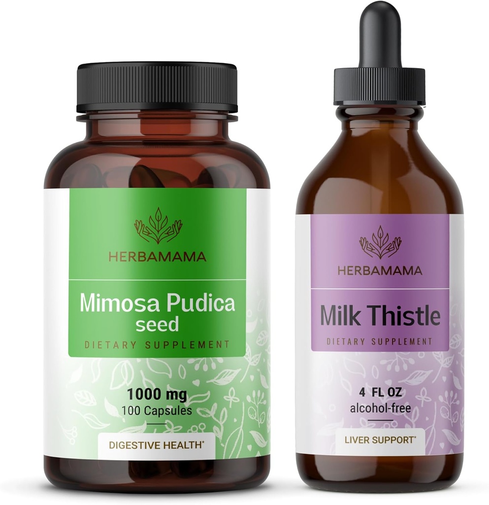 HERBAMAMA Mimosa Pudica en Milk Thistle Kit - bundel van 1000 mg Mimosa Pudica Capsules & Milk Thistle Tinctuur 4 fl oz - Vegan, Non-GMO, Sugar & Alcohol-Free - 2 Pack