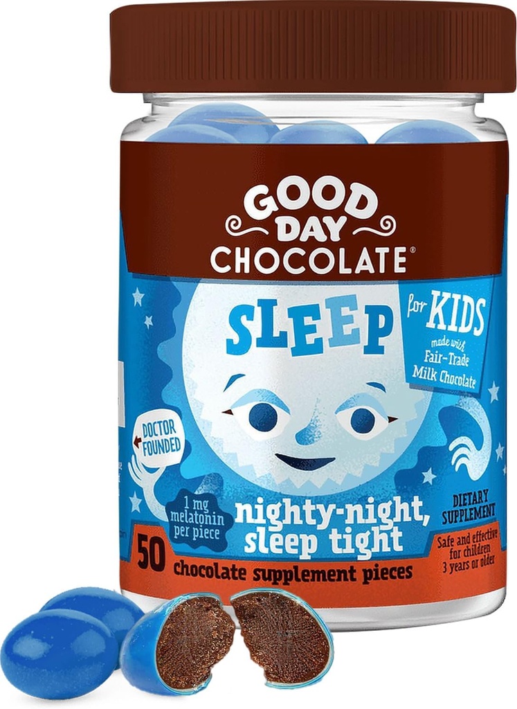 Bonne journée de chocolat Mélatonine pour les enfants [50 Compte] - Commerce équitable Chocolat non OGM avec la camomille et la mélatonine 1 mg - Mélatonine pour les enfants, aide naturelle au sommeil pour les enfants de 3 ans et plus