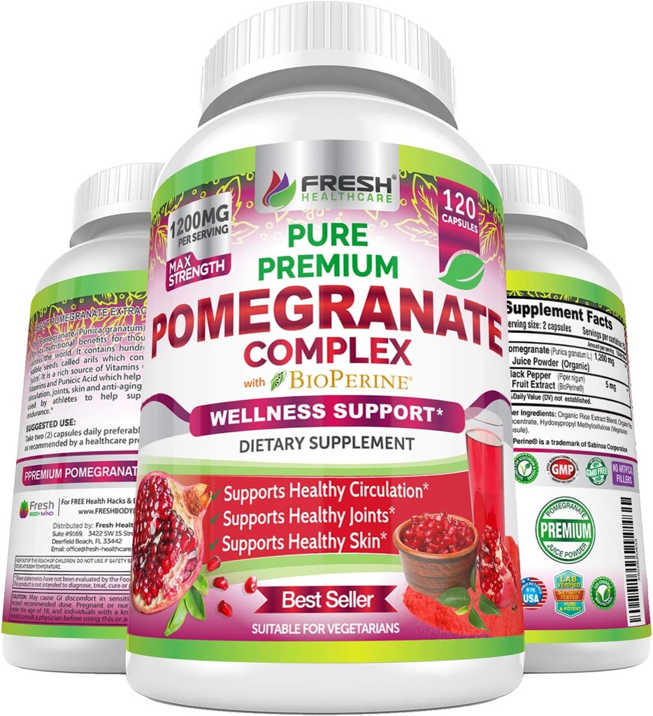 Premium Granaatappelsap Poeder Supplement 1200mg, Ondersteunt gezonde bloeddruk, gewrichten, huid en antiveroudering met bioperine zwarte peper, krachtige antioxidant met vitamine C & K, 120 Vegan Capsules