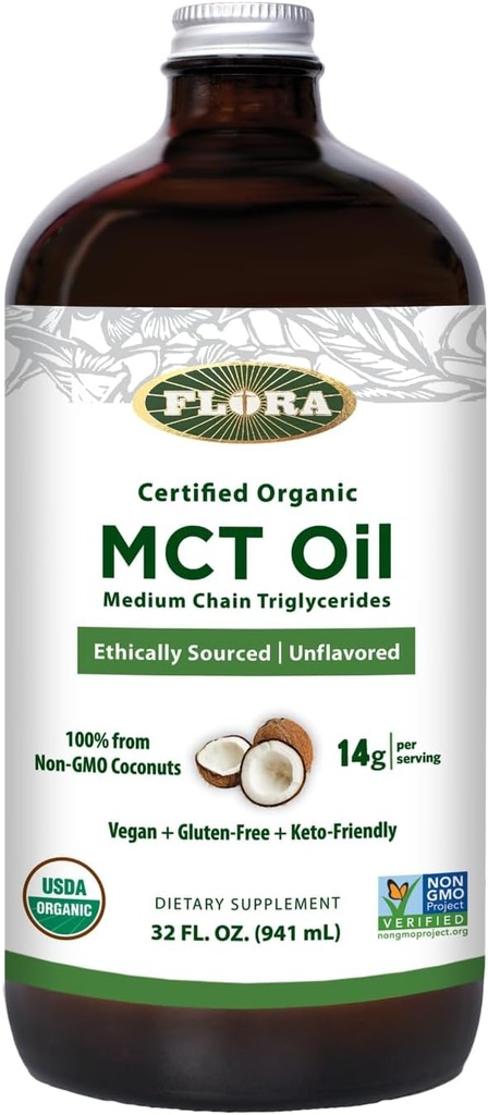 Flora - MCT Oil Certified Organic - Supports Muscle Energy & Brain Health - Contains C8 Caprylic Acid & C10 Capric Acid - Non-GMO, Gluten-Free, Vegan & Keto-Friendly - 32 fl. oz. Glazen fles