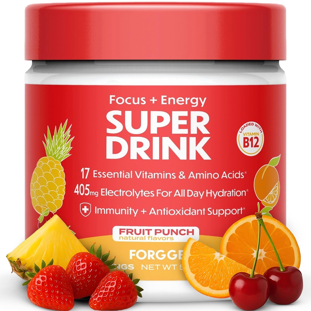 Forgge Healthy Energy Drink Powder Mix - Clean Cafeïne + B12, B6, C & D Vitamines - Suikervrij Energie Drinkpoeder met Elektrolyten, Aminozuren, Antioxidanten, Lions Mane - Vegan, Keto-Friendly - 30 SVG, Fruit Punch
