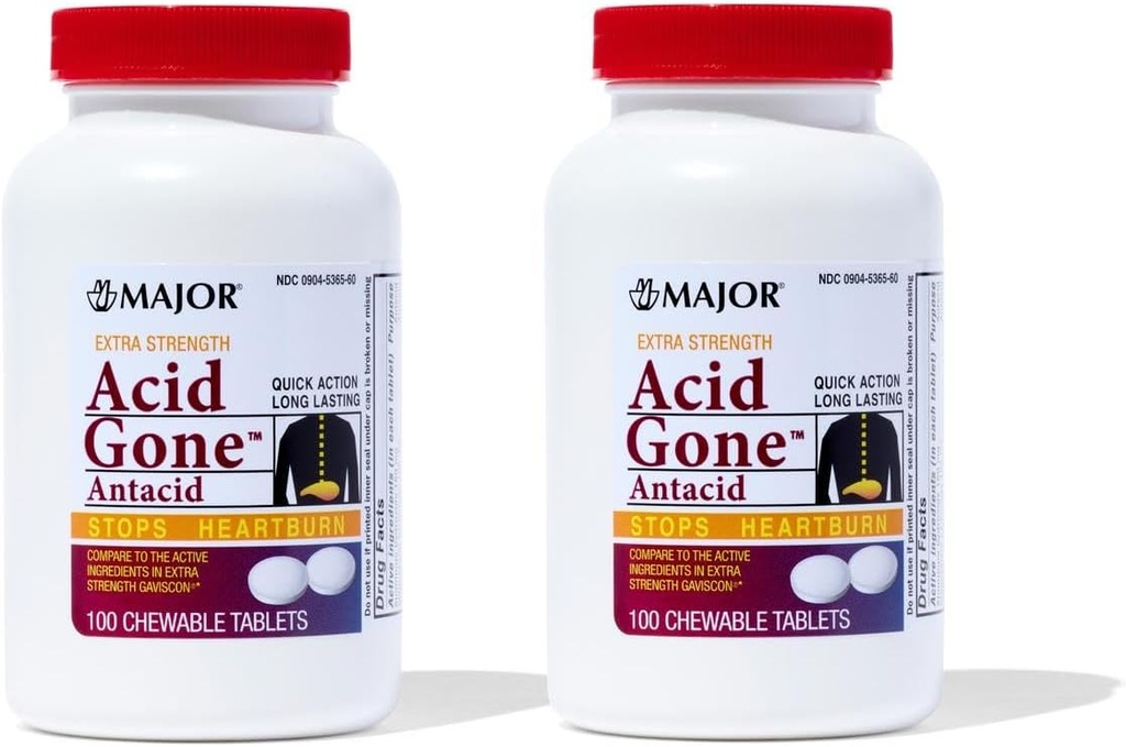 Comprimés anticoagulants antiacides majeurs - Anti-acide Relief - Acid Reflux Medicine for Adults - Relief de l'estomac, de l'indigestion acide et des brûlures d'estomac - Long Lasting - 100-Count (2 Pack)