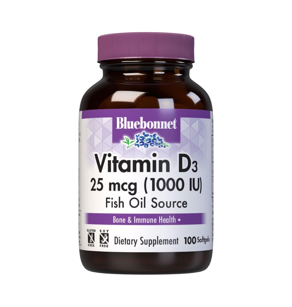 Bluebonnet Nutrition Vitamine D3 1000 IE Softgels, Aids in Muscle and Skeletal Growth, Cholecalciferol from Fish Oil, Non GMO, Gluten Free, Soy Free, Dairy Free, 100 Softgels