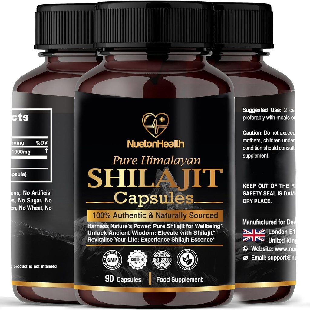 Himalayan Shilajit Capsules - 100% Pure & Naturel 90 pilules Vegan - Supplément de bien-être, d'énergie et de vitalité de grade or pour les hommes et les femmes - Grade A Shilajit Riche en acide fulvic et humique