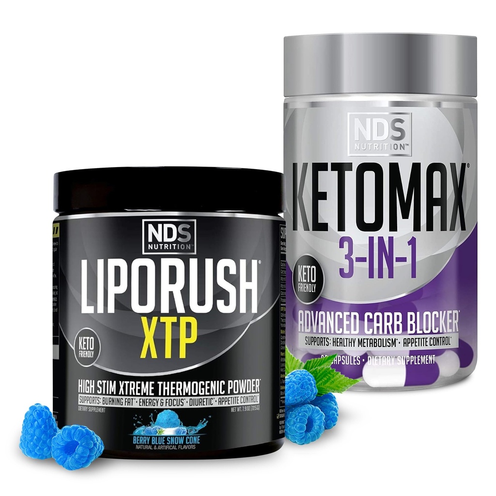 NDS Nutrition XTP Cône de neige à baies bleues thermogéniques (45 portions) et Keto-Max Avancé 3-en-1 de pilules Blocker de glucides Suppresseur d'appétit (90 capsules)