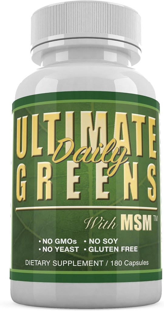 Dagelijkse gezondheid, Ultimate Greens met MSM 1925mg Vegan Friendly Natural Ingrediënten Superfood Plantaardige voeding Alkaliseren Immune Energy Support Supplement 180 Capsules (1 maand levering)