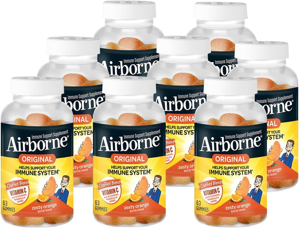 Airborne 750mg Vitamin C Immune Support Supplement Gummies for Adults, Zesty Orange Flavor, Gluten Free Crafted Blend with Powerful Antioxidants Vitamins A C & E, 63 Gummies (8 Pack)