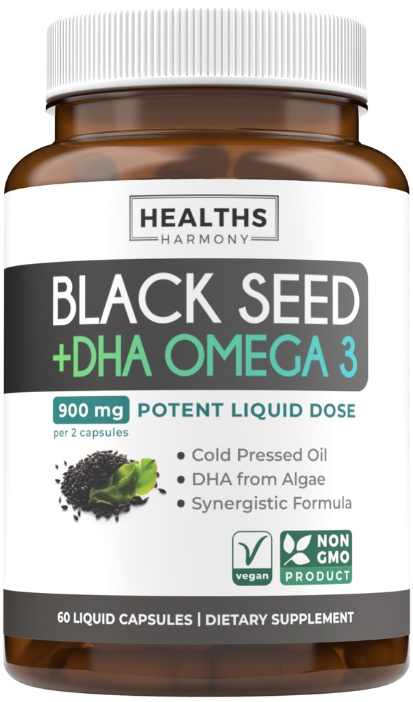 Cold-Pressed Black Seed Oil Capsules - Vegan Non-GMO Nigella Sativa Black Seed Oil Supplement met Omega 3 DHA voor volledige lichaamswelzijn & hersenen ondersteuning - Vegan Omega 3 & Thymochinon-Rich (1 maand)
