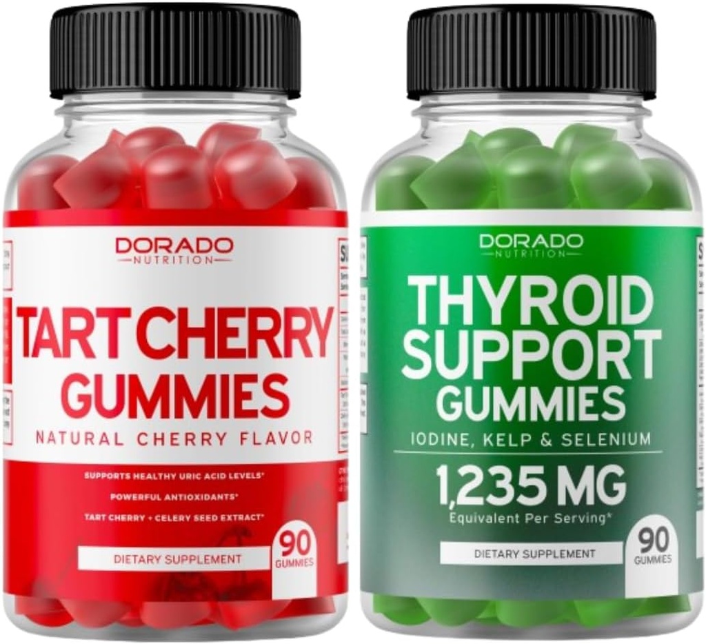 Tart Cherry (90 Gummies) Uric Acid Level Support for Adults - Powerful Antioxidant with Seldery Seed and Thyroid Support (90 Gummies) Ashwaganda & Bladderwrack Support Supplement - Vegan & Made in USA