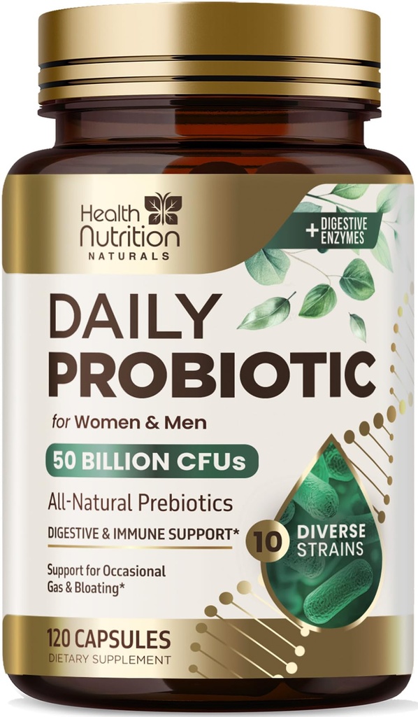Probiotiques 60 milliards CFU + 10 souches - Mélange probiotique quotidien de lactobacillus pour le soutien immunitaire, digestif et gustatif, prébiotiques et probiotiques, gaz et ballonnement pour les femmes et les hommes - 120 capsules