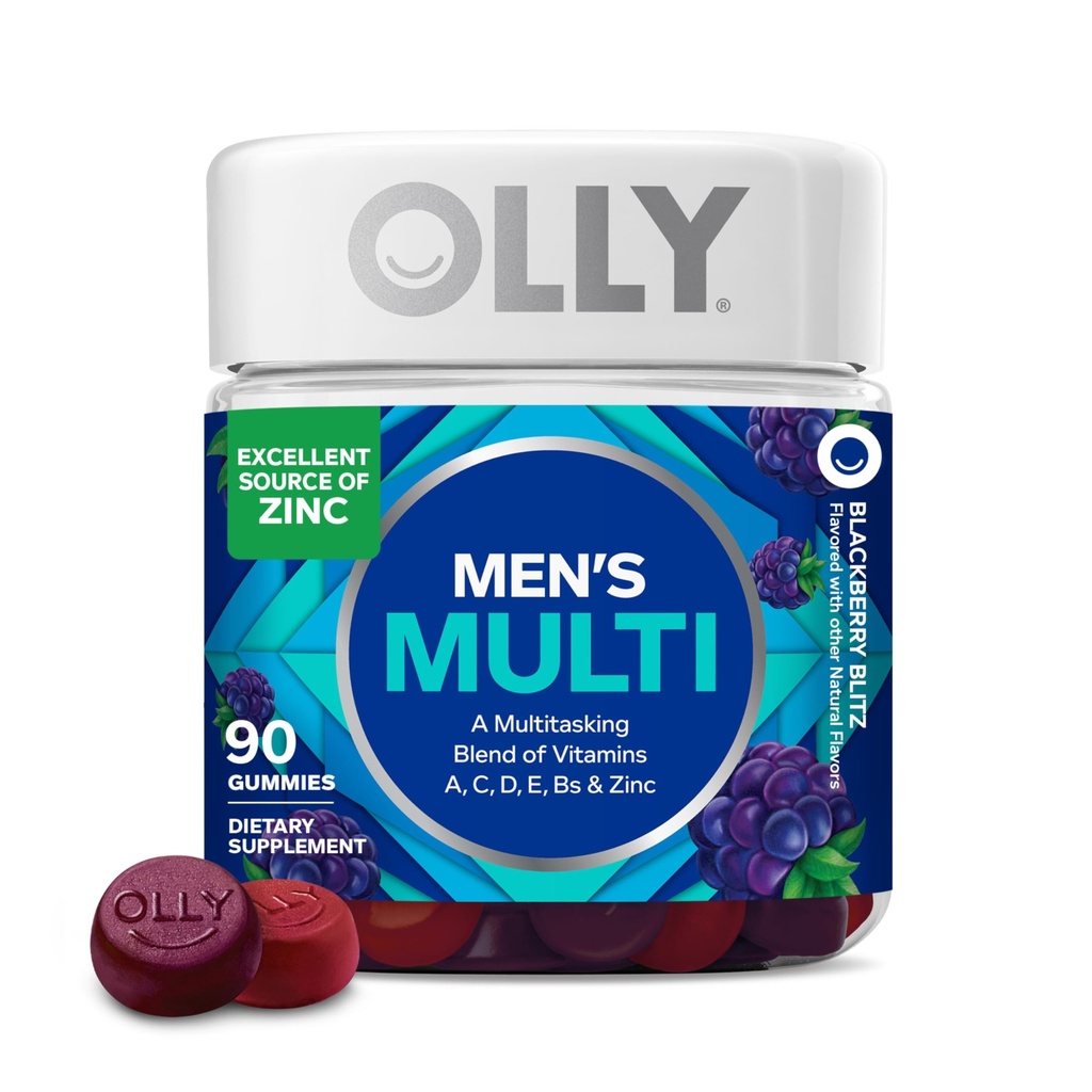 OLLY Mannen Multivitamine Gummy, Vitaminen A, C, D, E, B, Zink, Blackberry smaak, 45 dagen levering - 90 Tellen