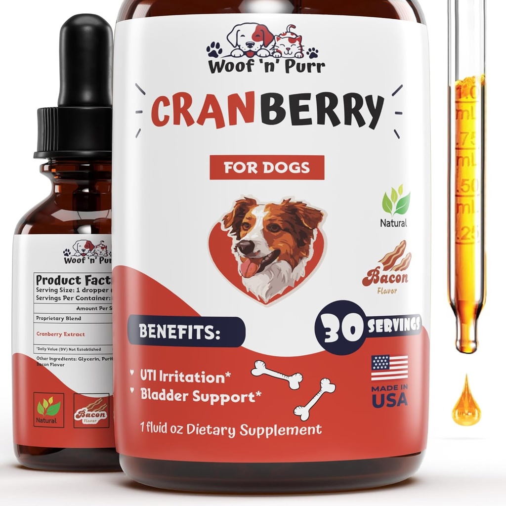 Cranberry supplement voor honden - Hond UTI behandeling - Hond Cranberry supplement - Cranberry voor honden - Hond UTI Cranberry - Hond UTI - UTI Behandeling voor honden - UTI Honden - 1 fl oz - Bacon smaak