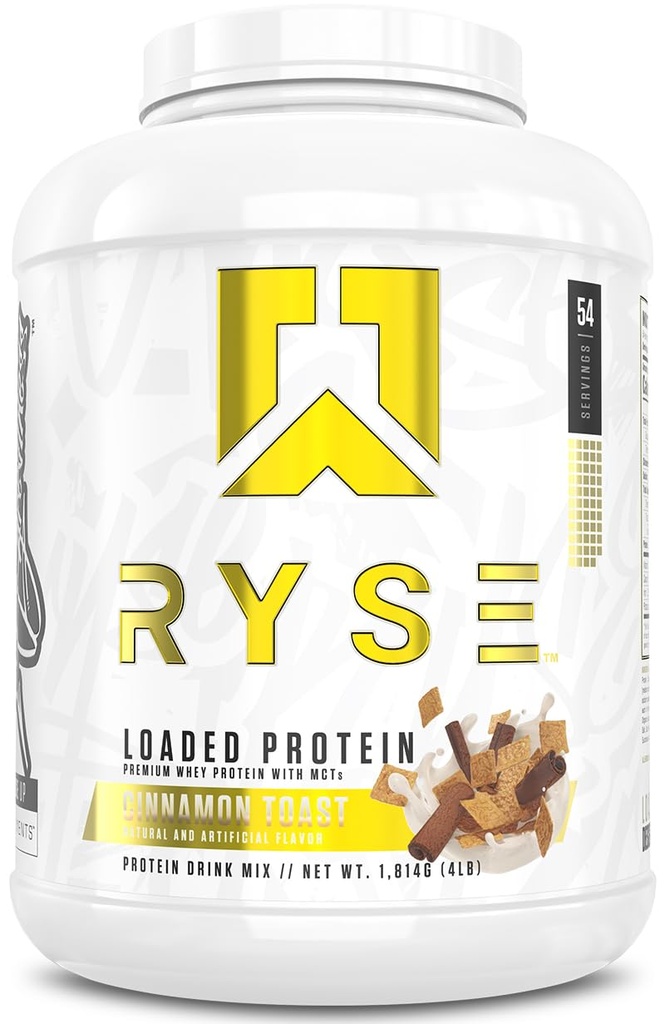 RYSE geladen eiwitpoeder - kaneeltoast - 25 g Wei-eiwitisolaat en concentratie met prebiotische vezels en MCT's - lage koolstof, lage suiker, digestief-vrij - 54 porties / 4 lb